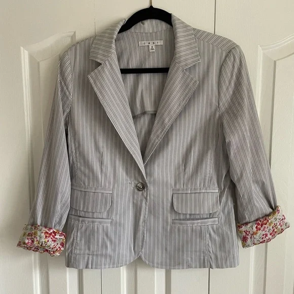 Striped Gray Blazer with Floral Cuffs - Picture 1 of 6